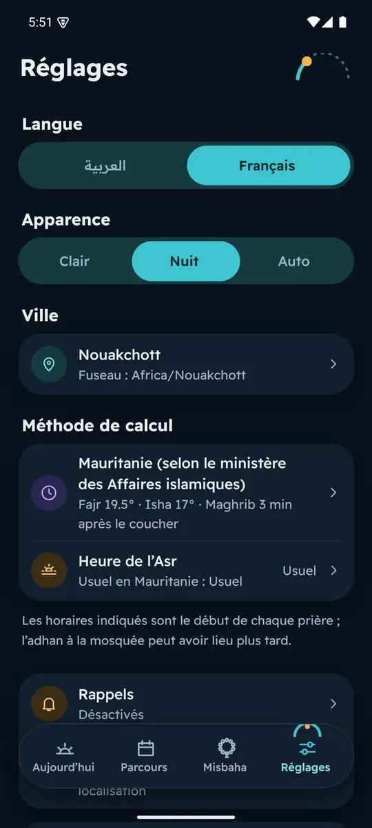 Écran Réglages : langue, apparence, ville et méthode de calcul des horaires
